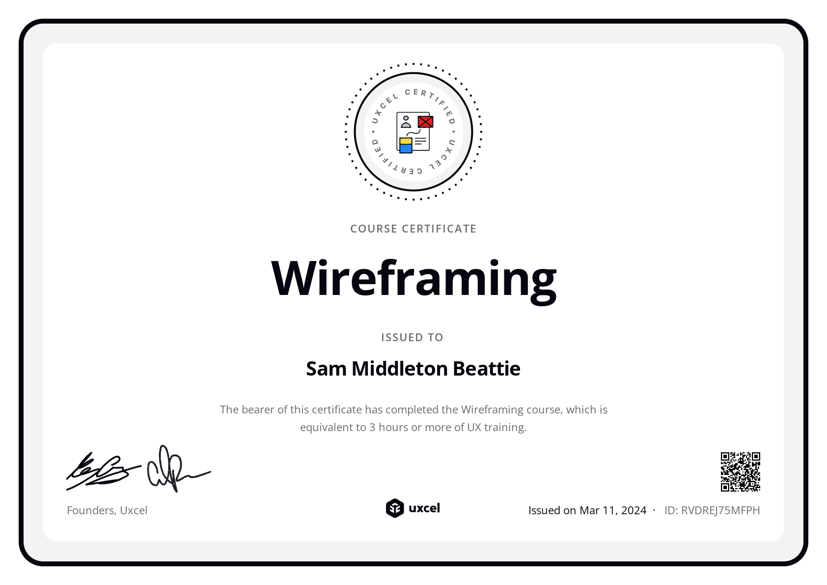Sam Middleton Beattie's certificate